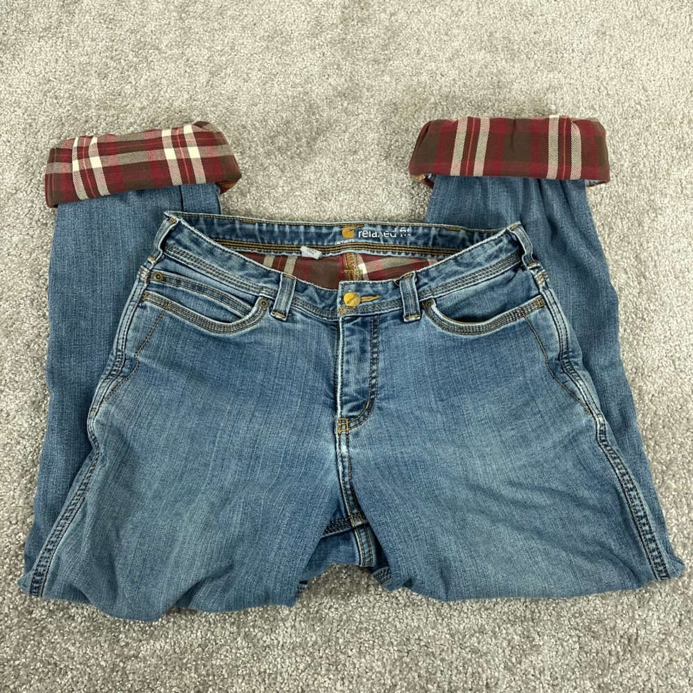 Carhartt Flannel Lined Jeans Womens 6 Relaxed Fit Plaid Denim Streetwear *Hemmed
